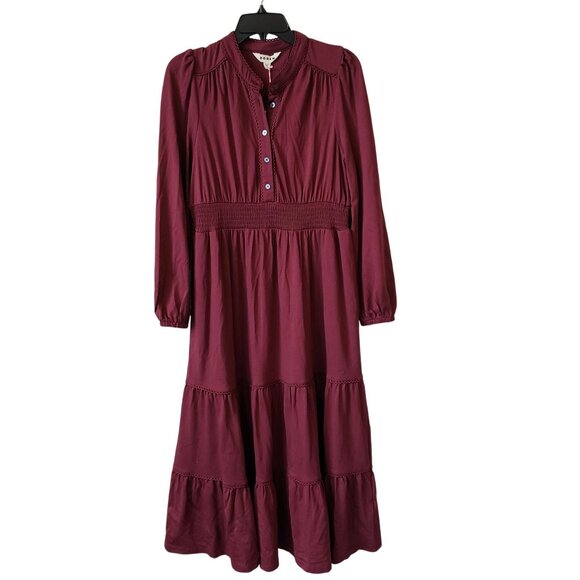 NEW Boden Shirred Waist Tiered Midi Dress Deep Wisteria Burgundy Red 8P 12P - Picture 2 of 10